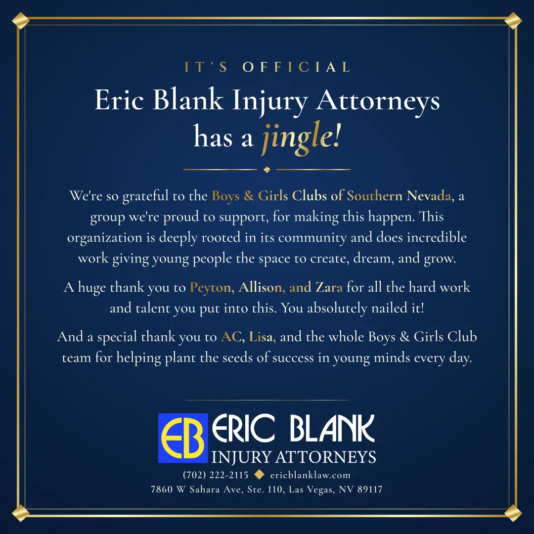 Navy and gold announcement graphic: Eric Blank Injury Attorneys has a jingle, thanking the Boys & Girls Clubs of Southern Nevada
