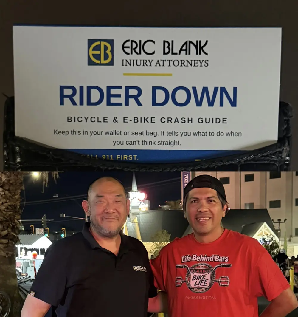 Wallet-sized Rider Down bicycle and e-bike crash guide card, and two riders at the nighttime Humpday Rides meetup on Main Street